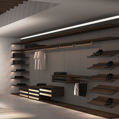 คุณภาพ  Sliding Door Master Walk In Closet Furniture Wood Aluminium With Linear LED โรงงาน